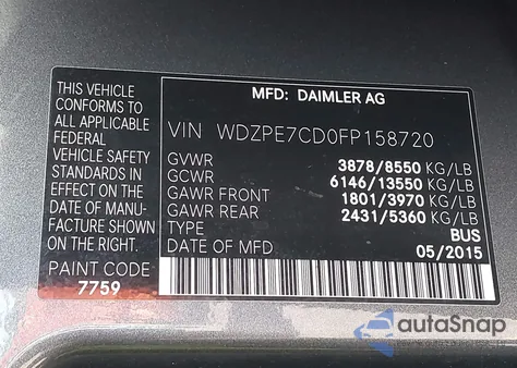 2015 Mercedes-Benz Sprinter 2500 Normal Roof from USA, damaged, VIN WDZPE7CD0FP158720